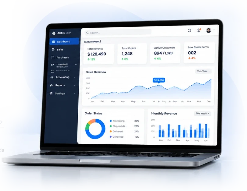 Custom ERP dashboard shown on a laptop